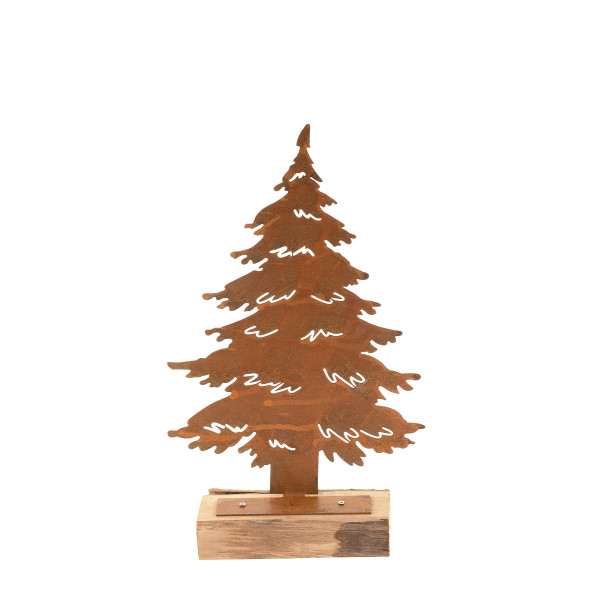 Deko Tannenbaum, Rostbaum auf Holzsockel, 26x12cm, Naturholz/Rost