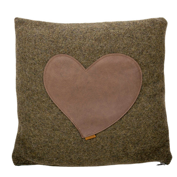 Landhaus Loden Kissen &quot;Herzerl&quot;, großes moosgrünes Filzkissen mit Lederapplikation Herz, 52x52cm