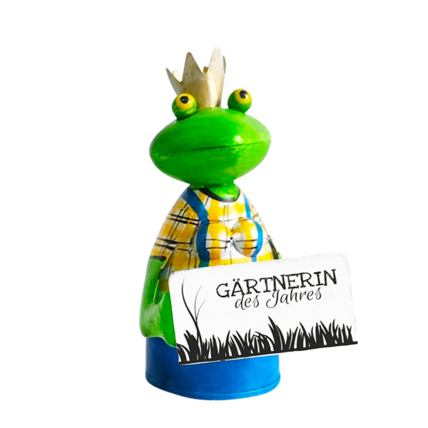 Zaunhocker Frosch Gärtner, Metallfrosch mit Spruch: Gärtnerin des Jahres, 14x21cm