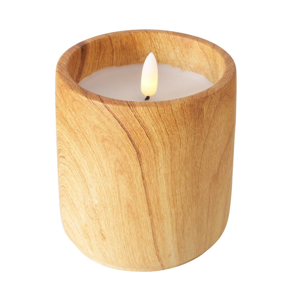 LED Kerze Yuna in Holzoptik, runde Betonkerze mit Holzmaserung, Boltze Home Collections