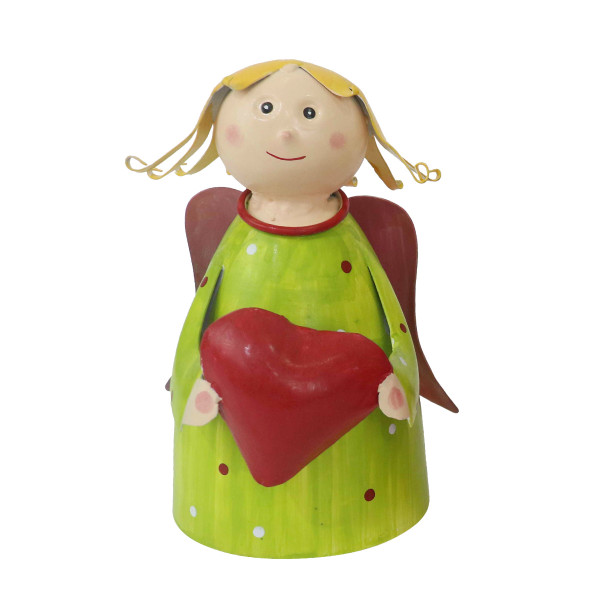 Zaunhocker Engel Schutzengel, Metallengel mit Herz und grünem Pünktchen-Kleid, 22cm