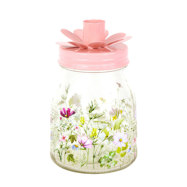 Deko Kerzenhalter Blumen, Windlichtglas mit Blumenwiese und Kerzenhalter für Stabkerzen, 9x15cm