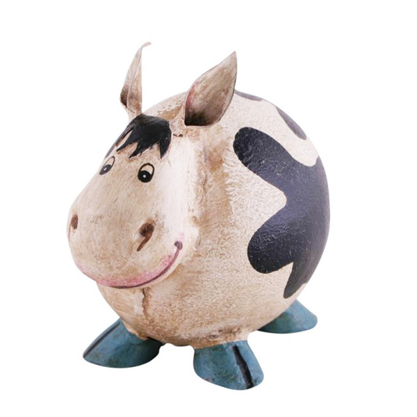 Spardose Kuh used look, Sparschwein Kuh weiß-schwarz mit blauen Hufen, Metallspardose