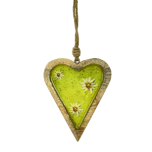 Holz Herz, emailleoptik, hellgrün mit Edelweiß, 15cm, Hänger
