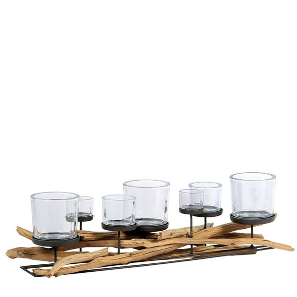 Windlicht Lincoln Schwemmholz, Naturholz Leuchter mit 7 Gläser, 80cm, WMG Grünberger