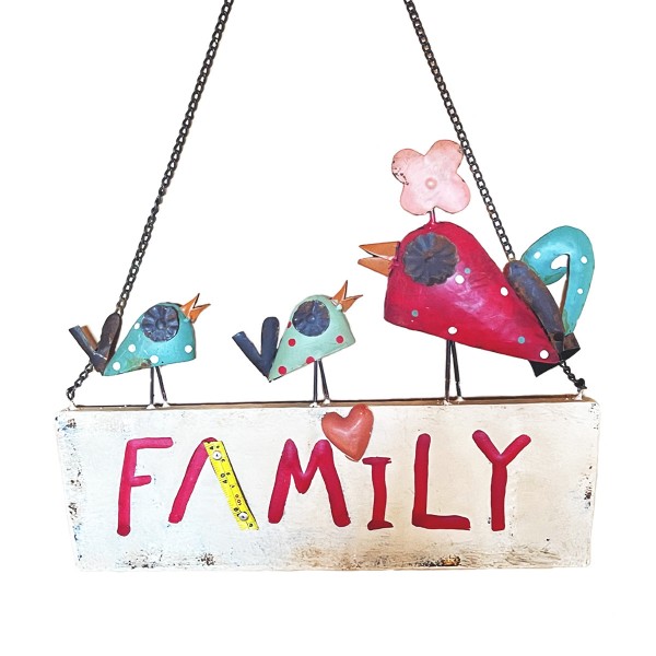 Schild Family mit Vögel, 39x30cm, Metall, Hänger