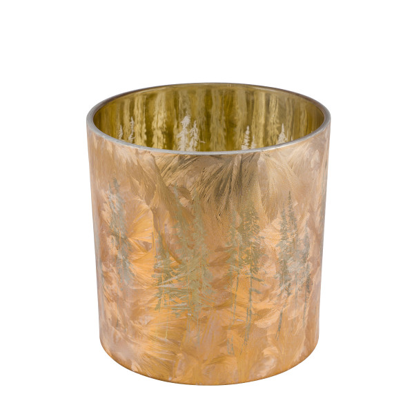 Windlicht Winterwald gold, Glaswindlicht mit Tannenbaum-Motiv, durchscheinend, 15cm