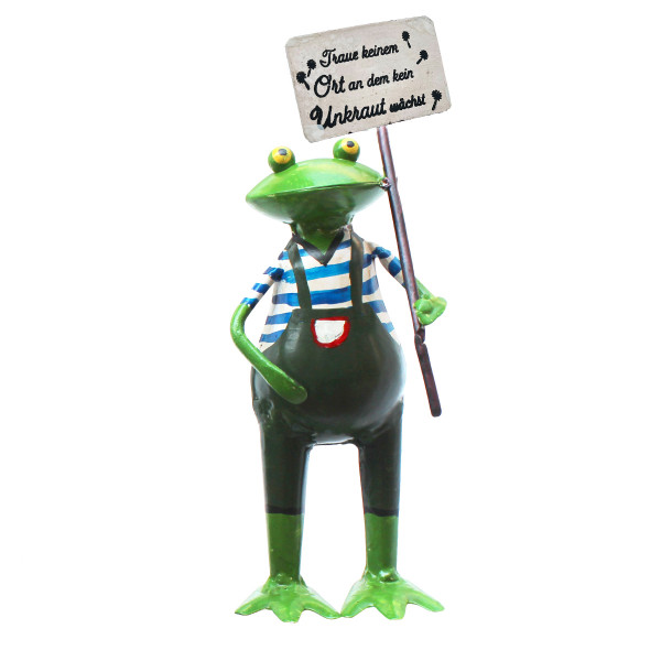 Deko Kantenhocker Frosch mit Schild: Trau keinem Ort..., kleiner Metallfrosch mit Latzhose, 12cm