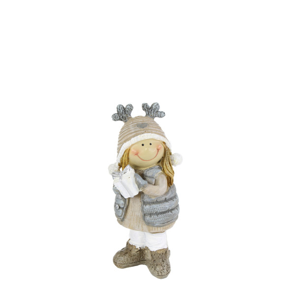 Deko Winterkind, Wintermädchen mit Geschenk, grau/weiß, 10cm