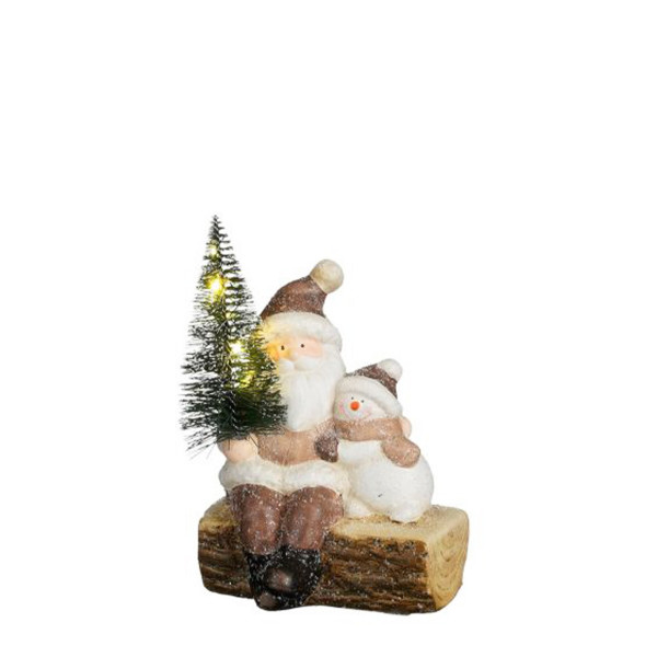 Deko Weihnachtsmann Winter, Weihnachtsmann mit Schneemann und LED Christbaum, 11x15cm, Keramik