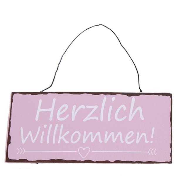 Schild Herzlich Willkommen pink Metall 20x9cm Hänger