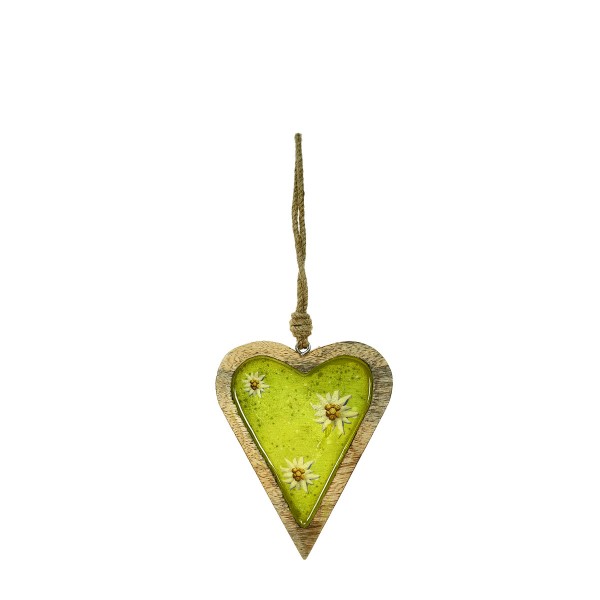 Holz Herz, emailleoptik, hellgrün mit Edelweiß, 10cm, Hänger