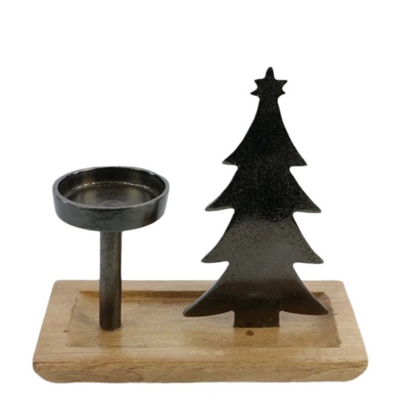 Holz Kerzentablett mit Metallbaum und 1Kerzenhalter, 23cm
