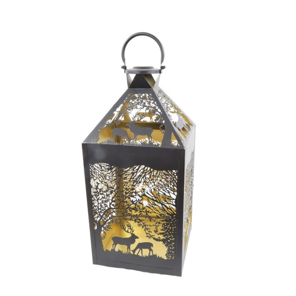 Windlicht/Laterne Tiere im Wald schwarz/gold 55x25cm Metall