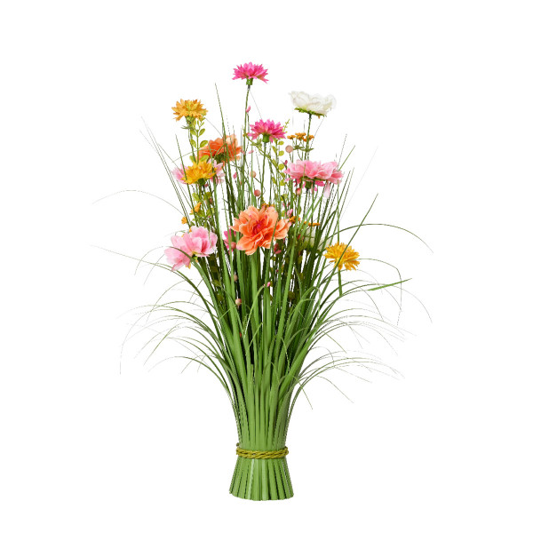 Kunstpflanze Grasbusch mit Sommerblumen pink-orange, Stehgras mit Blüten, 70cm
