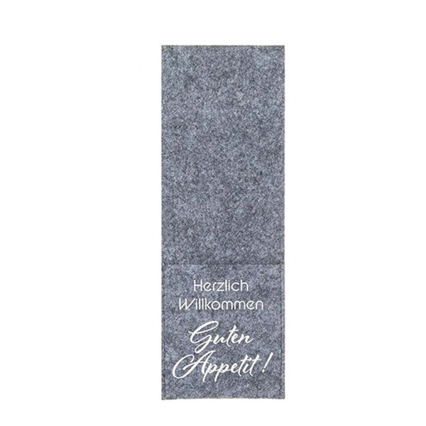 Bestecktasche mit Spruch: Herzlich Willkommen Guten Appetit! grau 9x26cm