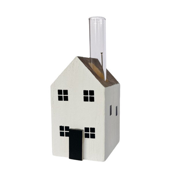 Deko Blumenvase Haus, kleines weißes Holzhaus mit Reagenzglas, 5x9cm