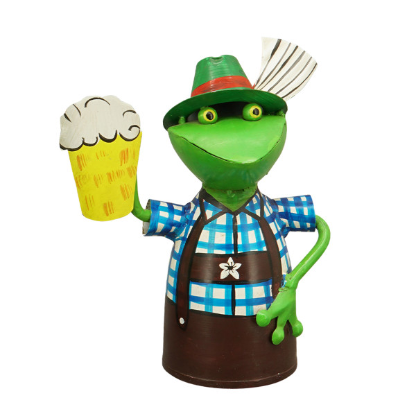 Zaunhocker Frosch Landhaus, Metallfrosch in Lederhose mit Bierkrug, 20cm