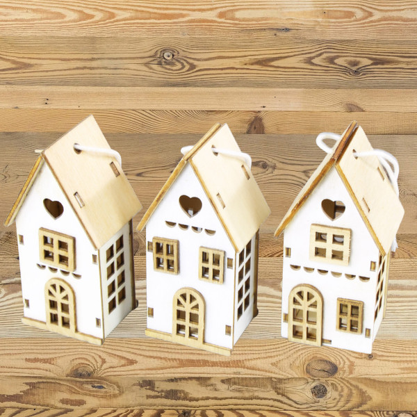 Deko Häuschen Landhaus, 3er Set Holzhäuser, weiß-natur, 12x8cm, zum Stellen oder Hängen