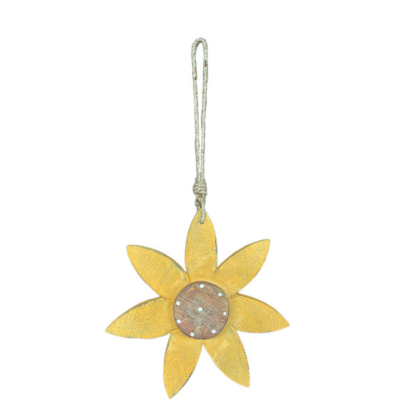 Deko Holzblume gelb mit Punkte, Sonnenblume aus Holz zum Hängen, beidseitige Holzblüte