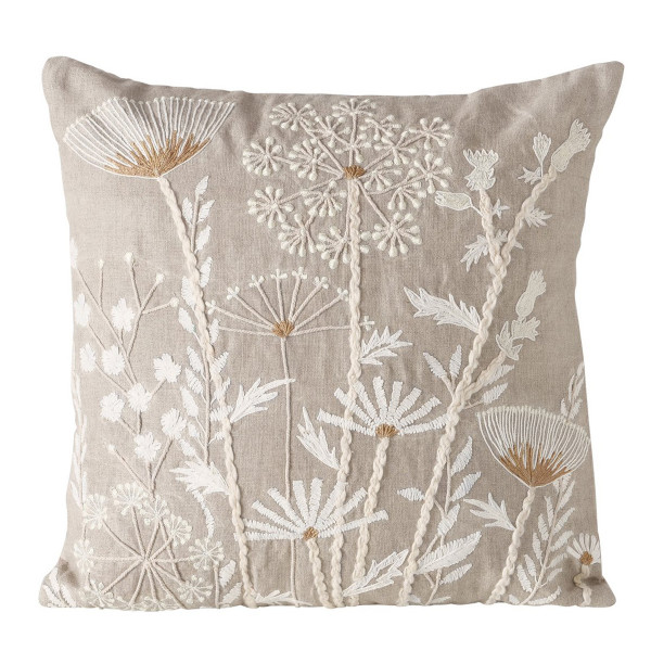 Baumwoll Kissen Finna, Blumenkissen beige, weiß bestickt, 45x45cm, Boltze Home Collections