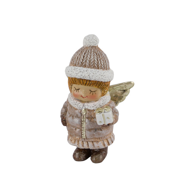 Deko Weihnachtsengel mit Geschenk, putziges Engel-Mädchen mit Pudelmütze, 8cm
