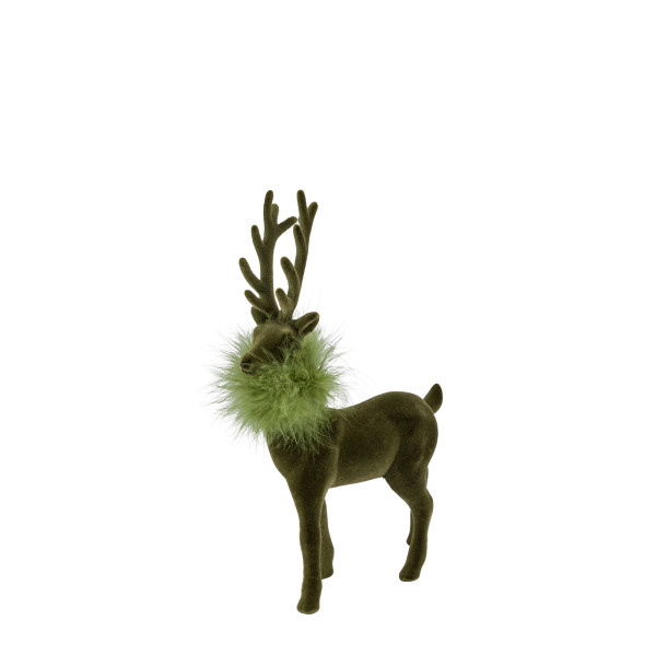 Deko Hirsch mit Federboa, olivgrüner Hirsch, samtig beflockt, 19cm