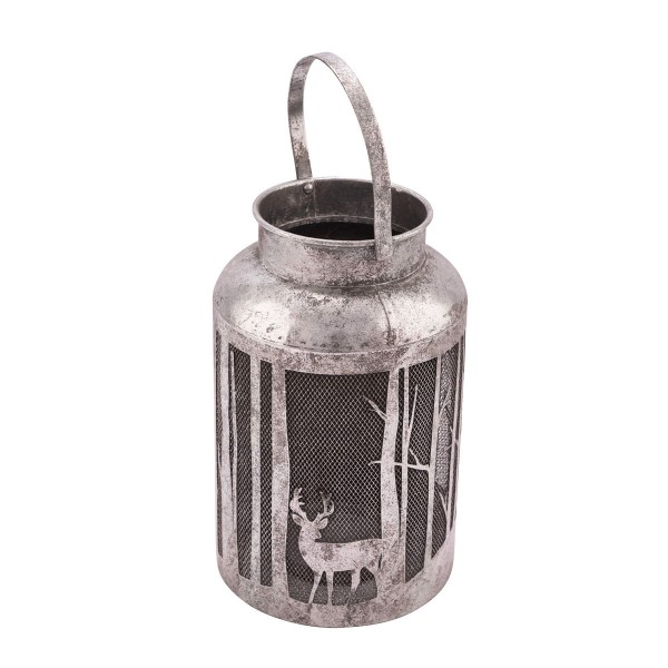 Laterne mit Henkel Hirsch und Drahtgitter silber antik Metall 33cm