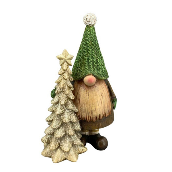 Deko Wichtel Gnom mit goldenem Tannenbaum, Weihnachts-Waldwichtel, 16cm