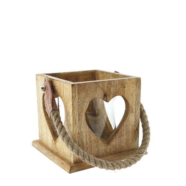 Holzlaterne, Laterne Herz mit Jutegriff, 13x12cm, Mangoholz