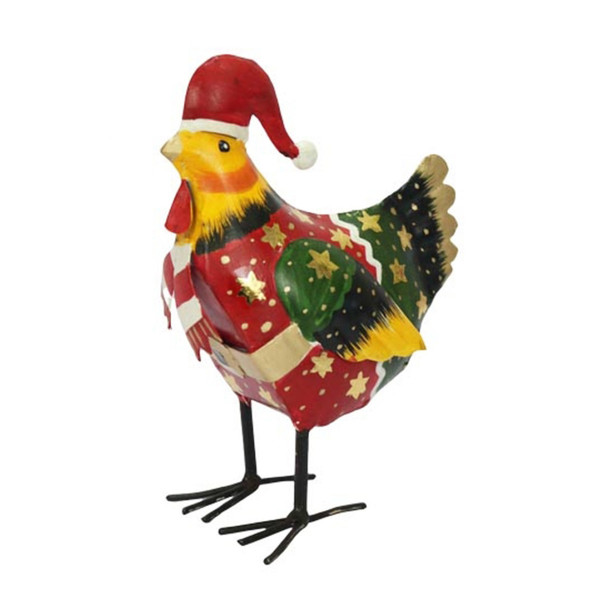 Lustiges Winterhuhn mit Schal, Metallhuhn mit roter Mütze, 19cm