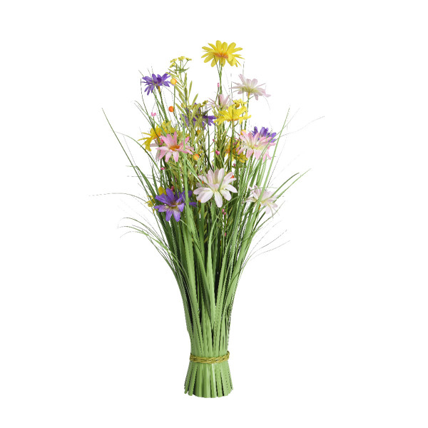 Kunstpflanze Grasbusch mit Sommerblumen gelb-rosa, Stehgras mit Blüten, 70cm