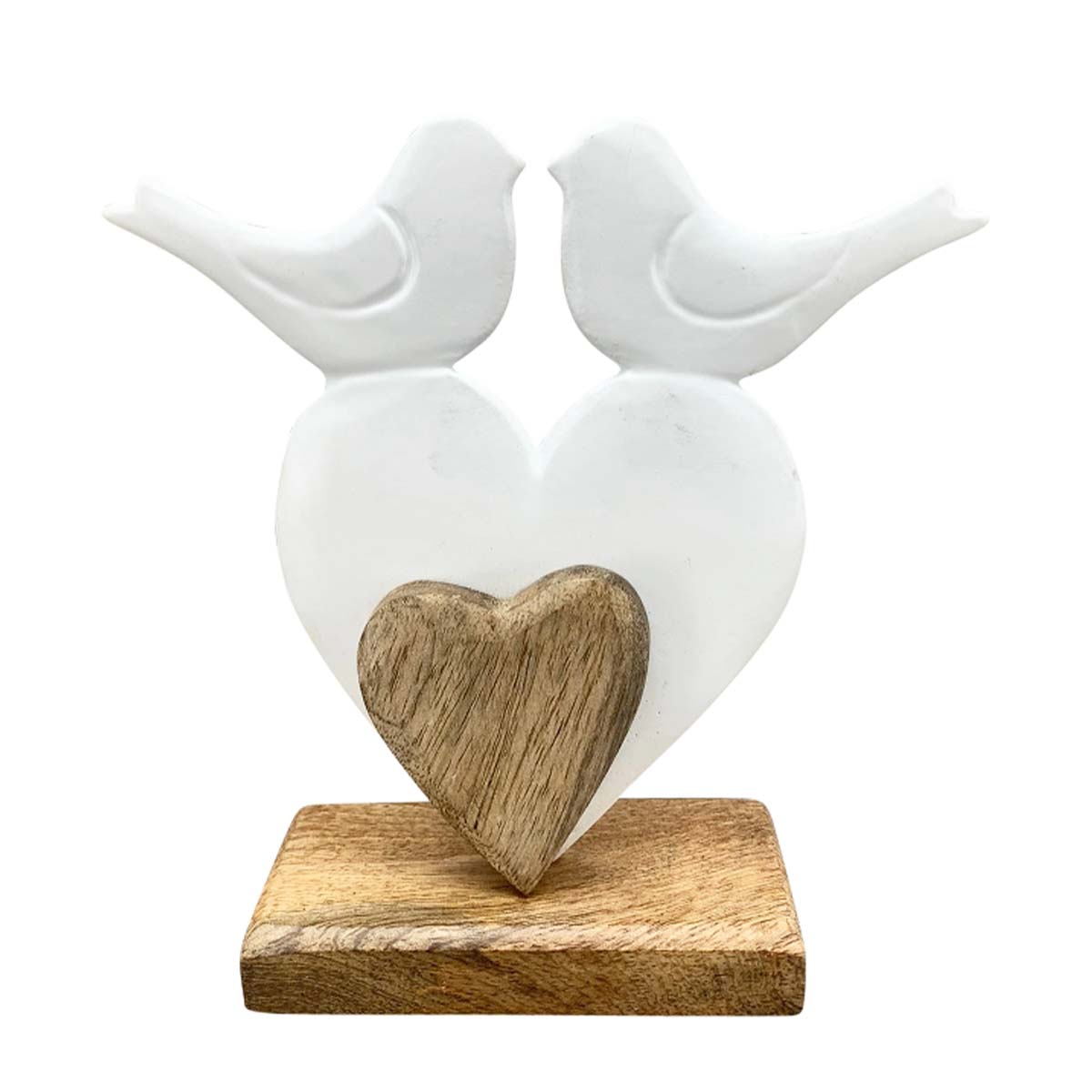 Deko Herz Hochzeit, Herz mit Vögel, weiß/natur, 16x17cm, Aufsteller POLZ