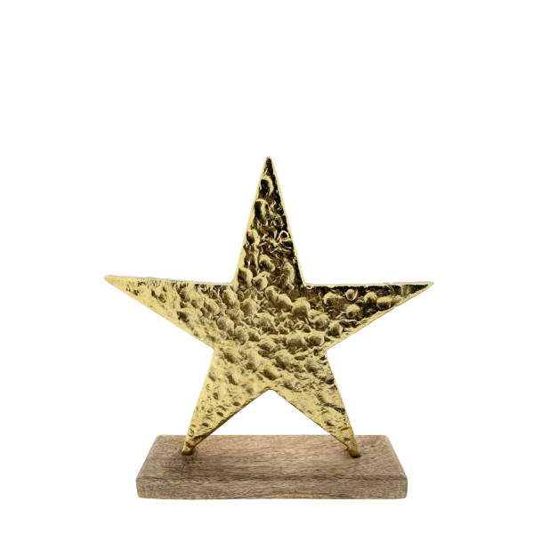 Deko Weihnachtsstern gold beschlagen, Metallstern mit deutlichem Relief auf Holzsockel, 18x19cm, Auf