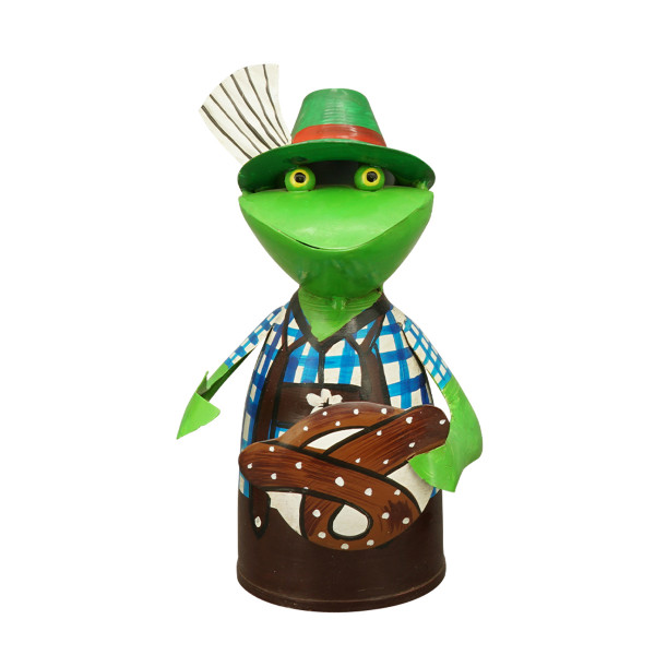 Zaunhocker Frosch Landhaus, Metallfrosch in Lederhose mit Breze, 20cm