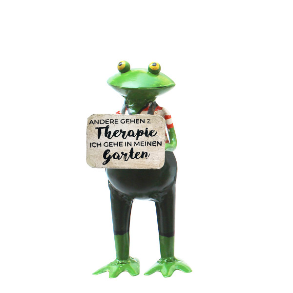 Deko Frosch mit Schild: Andere gehen zur Therapie..., kleiner Metallfrosch mit Latzhose, 12cm