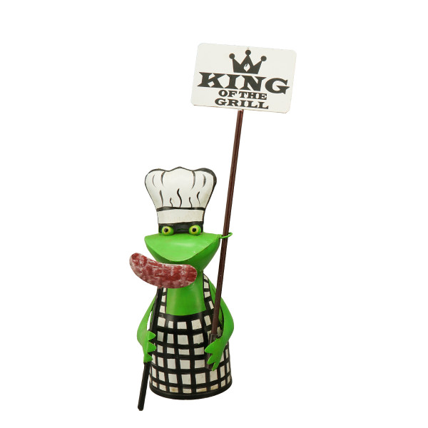 Zaunhocker Frosch Grill-BBQ, Metallfrosch mit Schild: King of the Grill, 22cm
