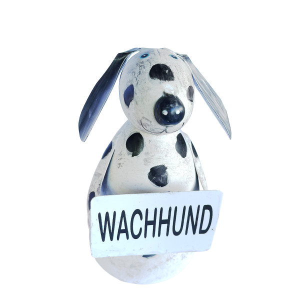 Zaunhocker Hund, Metallhund schwarz-weiß used look mit Schild: Wachhund, 19cm