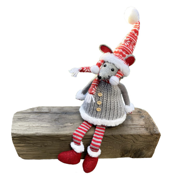 Deko Maus, Weihnachtsmaus Albert mit Strickmütze und Schal, Bammelbeine, grau/rot, 43cm