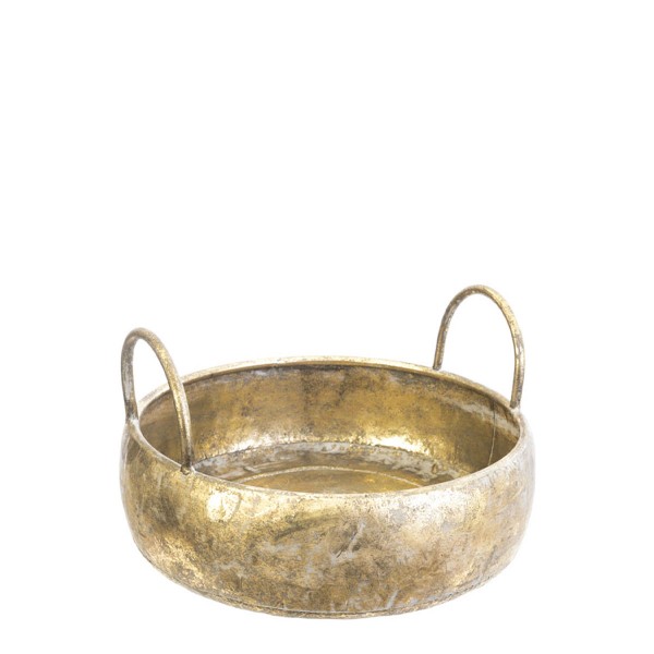 Deko Metallschale gold, Schale mit Griff, gold antik, used look, rund, bauchig, Ø31cm