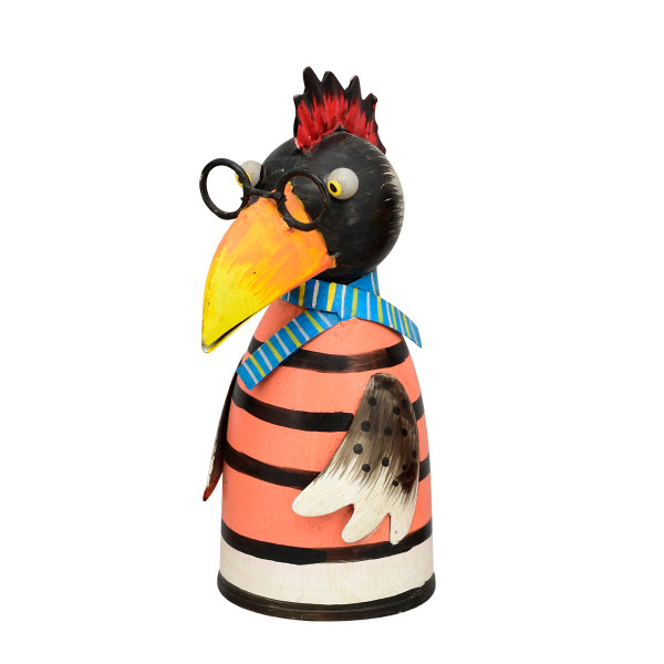 Zaunhocker Rabe Punker Rudi, Metallrabe mit Irokese und Brille, orange Ringel, 21cm