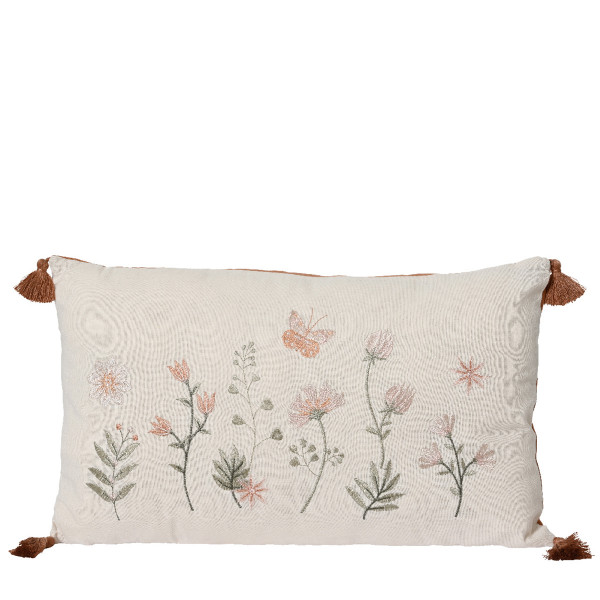 Deko Kissen Blumen, Baumwollkissen mit Blumen und Quasten, 50x30cm