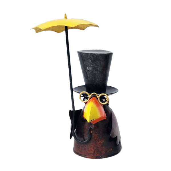 Zaunhocker Vogel, Rabe Rudi mit Zylinder und Regenschirm, 17cm, Metall