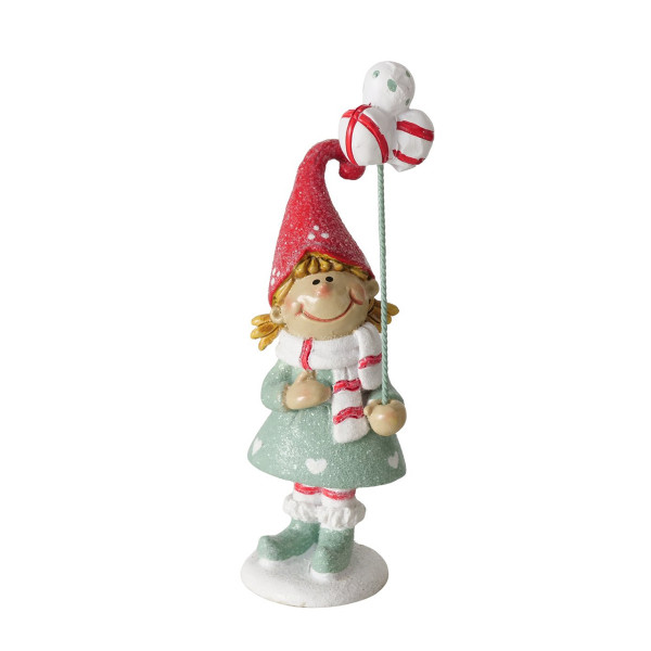 Wichtel Jingle mit Ballon, Weihnachtswichel Mädchen mit roter Mütze und grünem Kleid, Boltze Home Co