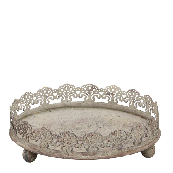 Deko Tablett Shabby Chic, Metallschale rund mit Rand auf Kugelfüße, grau, Ø16cm, Metall