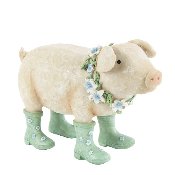 Deko Schwein, Schweinchen mit Stiefel und Blumenkranz, 22x15cm, Polyresin