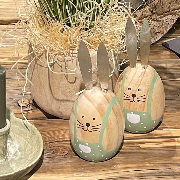 Deko Holz Ei, Osterhase mit Metallohren, natur-grün, 17cm, Naturholz