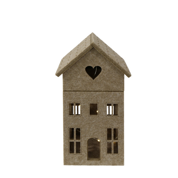 LED Haus mit Herz, hellbraunes Filzhaus Landhaus mit Lichterkette, 28cm