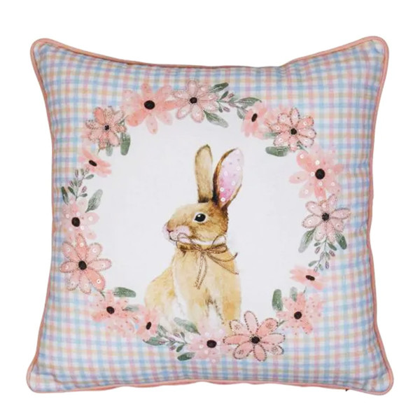 Baumwoll Kissen Hase, Kaninchen im Blütenkranz, rosa/hellblau kariert, 45x45cm, Mars &amp; More