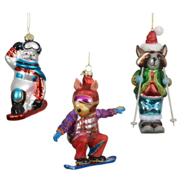 Baumschmuck Winter, Fuchs, Dachs oder Schneemann beim Skifahren oder Snowboarden
